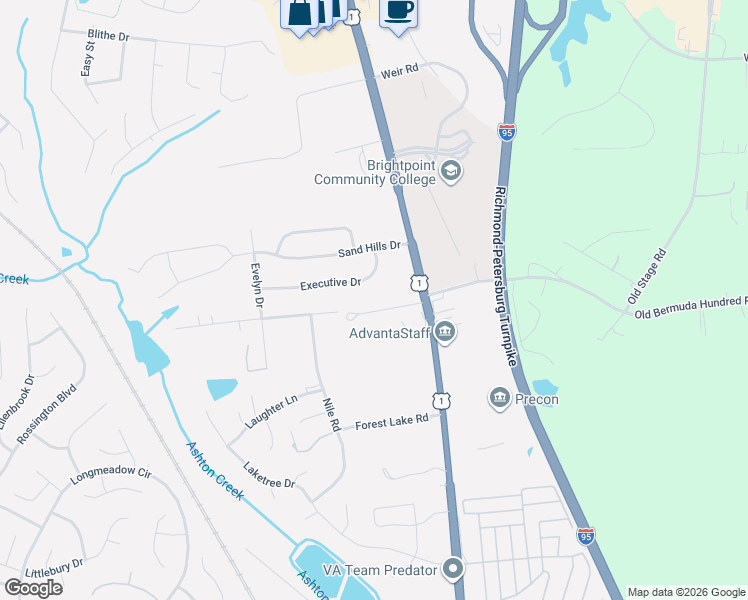 map of restaurants, bars, coffee shops, grocery stores, and more near 2703 Executive Drive in Chester