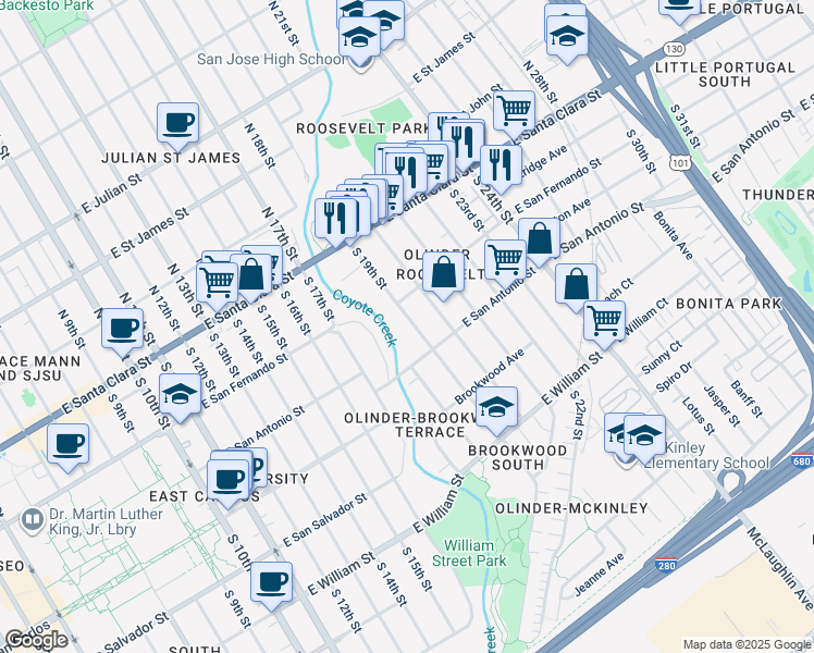 map of restaurants, bars, coffee shops, grocery stores, and more near 139 South 19th Street in San Jose