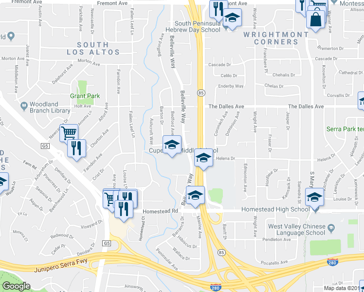 map of restaurants, bars, coffee shops, grocery stores, and more near 1573 Belleville Way in Sunnyvale