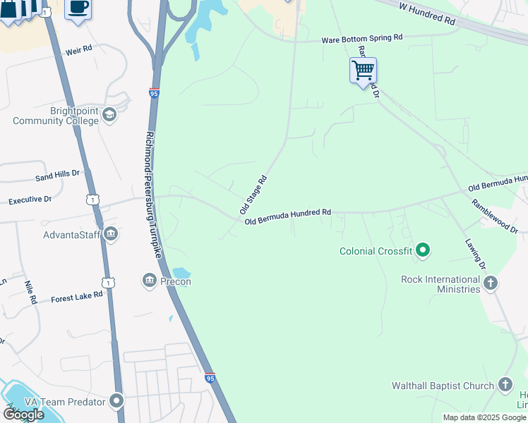 map of restaurants, bars, coffee shops, grocery stores, and more near 2104 Old Bermuda Hundred Road in Chester