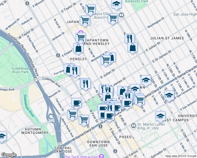 map of restaurants, bars, coffee shops, grocery stores, and more near North 4th Street & East Julian Street in San Jose