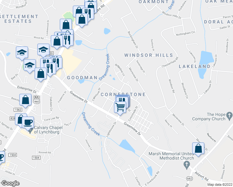 map of restaurants, bars, coffee shops, grocery stores, and more near 229 Portico Street in Lynchburg