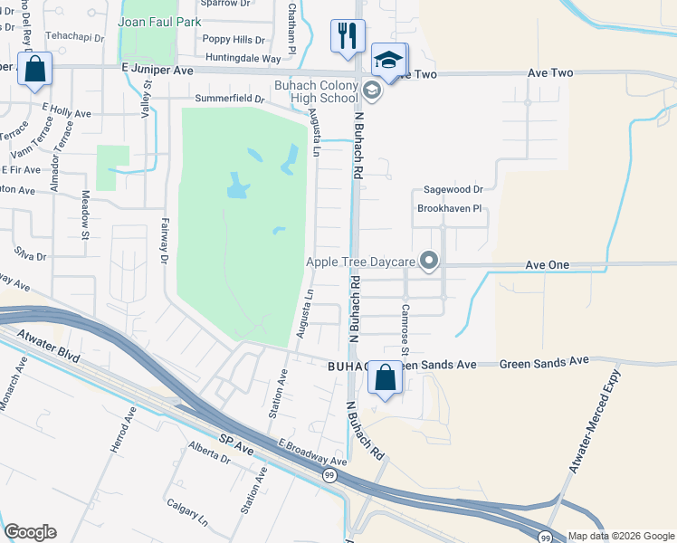 map of restaurants, bars, coffee shops, grocery stores, and more near 1821 Lake Ridge Street in Atwater