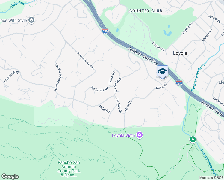 map of restaurants, bars, coffee shops, grocery stores, and more near 10605 Berkshire Drive in Los Altos Hills