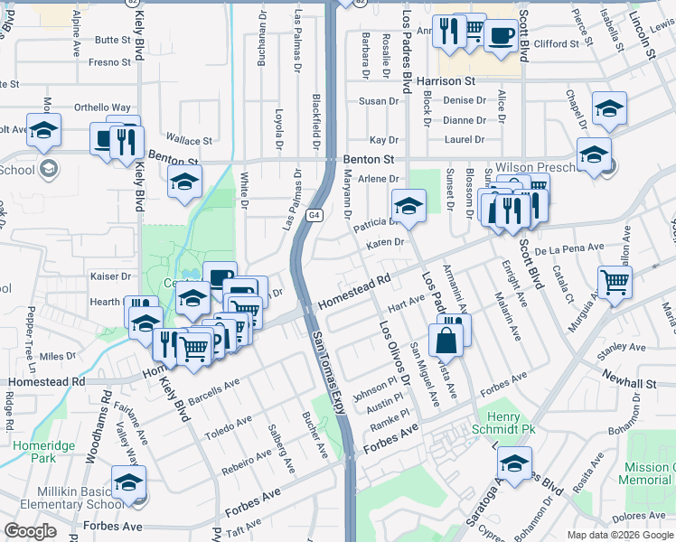 map of restaurants, bars, coffee shops, grocery stores, and more near 2453 Diane Marie Way in Santa Clara