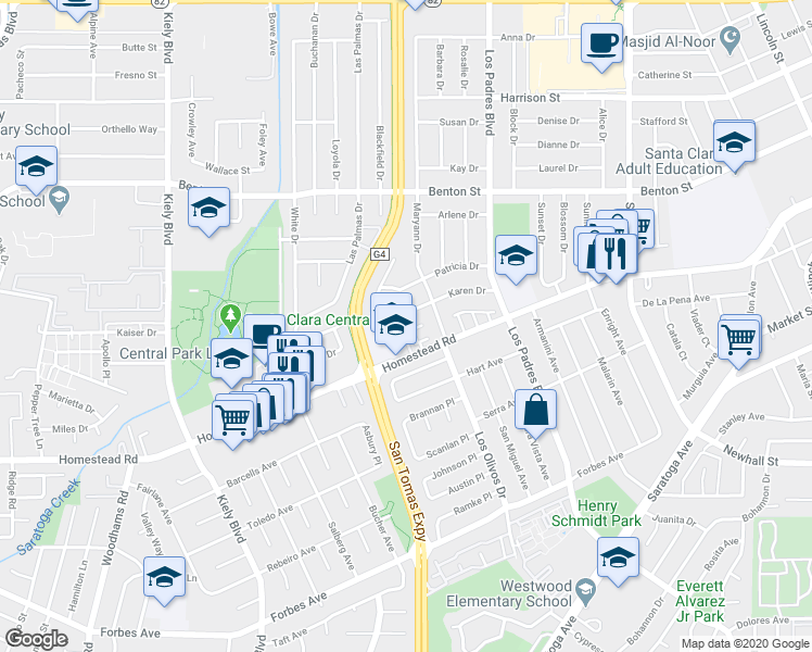 map of restaurants, bars, coffee shops, grocery stores, and more near 2453 Diane Marie Way in Santa Clara