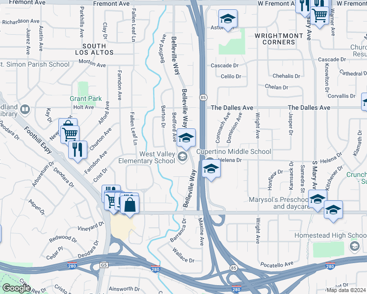 map of restaurants, bars, coffee shops, grocery stores, and more near 1573 Belleville Way in Sunnyvale