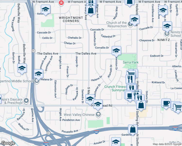map of restaurants, bars, coffee shops, grocery stores, and more near 1574 South Mary Avenue in Sunnyvale