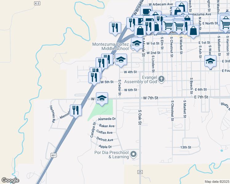 map of restaurants, bars, coffee shops, grocery stores, and more near 505 South Cedar Street in Cortez