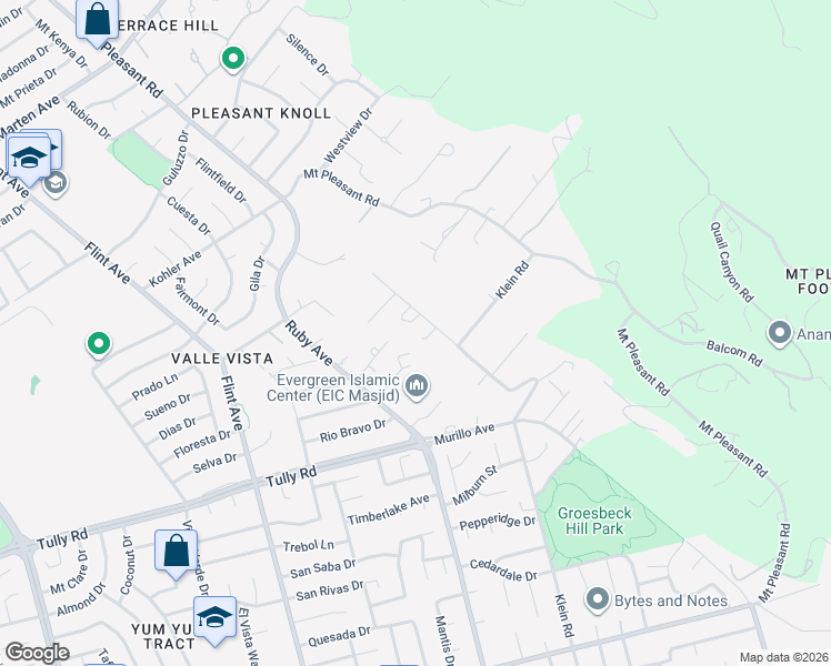 map of restaurants, bars, coffee shops, grocery stores, and more near 2383 Pleasant Acres Drive in San Jose