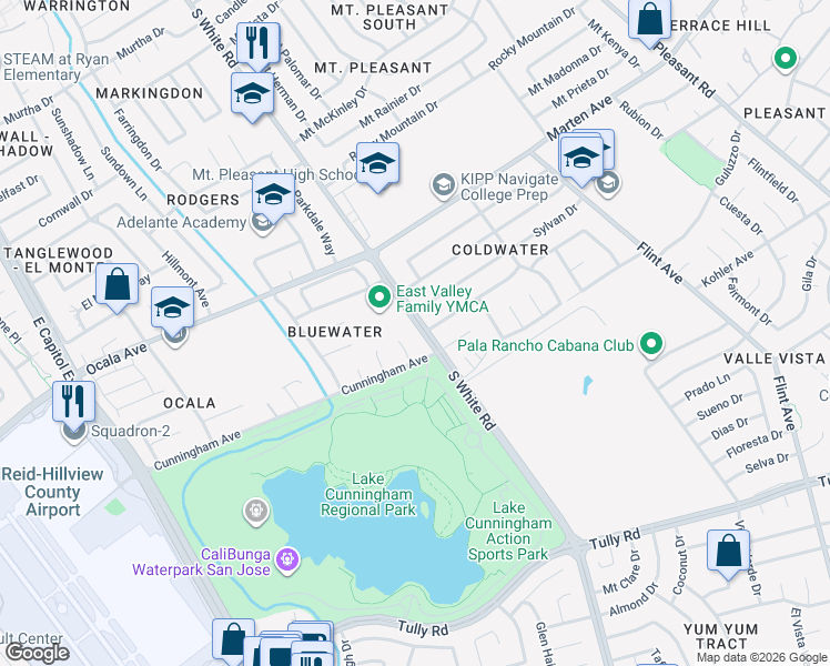 map of restaurants, bars, coffee shops, grocery stores, and more near 2009 South White Road in San Jose