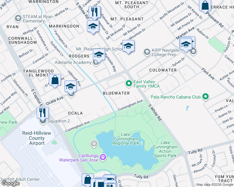 map of restaurants, bars, coffee shops, grocery stores, and more near 3013 Bluewater Court in San Jose