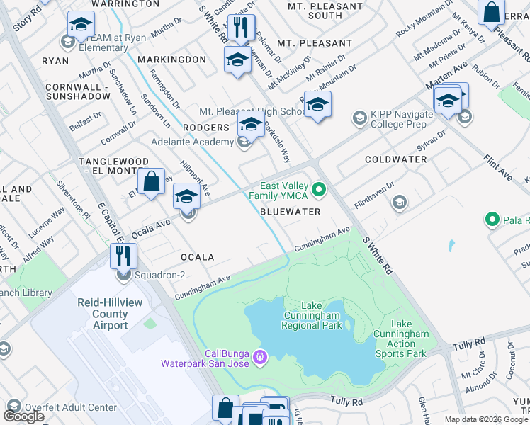 map of restaurants, bars, coffee shops, grocery stores, and more near 1921 Ridgemont Drive in San Jose