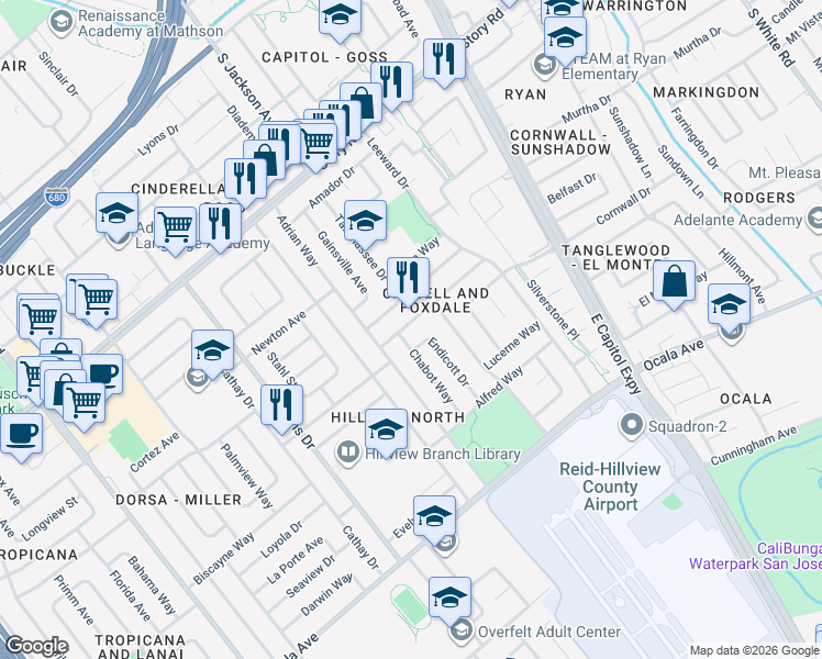 map of restaurants, bars, coffee shops, grocery stores, and more near 2293 Poplar Drive in San Jose