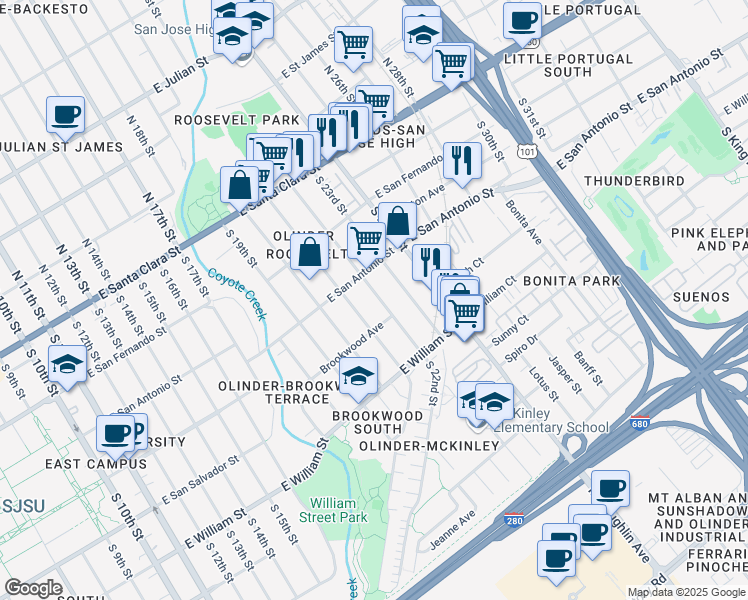map of restaurants, bars, coffee shops, grocery stores, and more near 234 South 22nd Street in San Jose