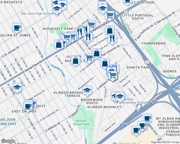 map of restaurants, bars, coffee shops, grocery stores, and more near 234 South 22nd Street in San Jose