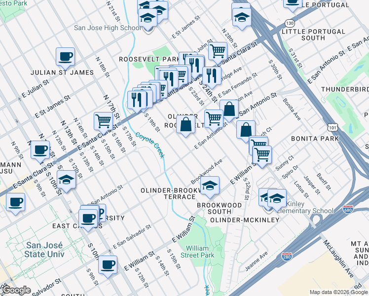 map of restaurants, bars, coffee shops, grocery stores, and more near 133 South 20th Street in San Jose