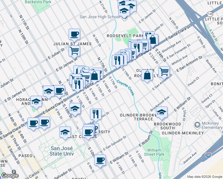 map of restaurants, bars, coffee shops, grocery stores, and more near 79 South 17th Street in San Jose
