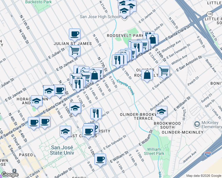 map of restaurants, bars, coffee shops, grocery stores, and more near 79 South 17th Street in San Jose