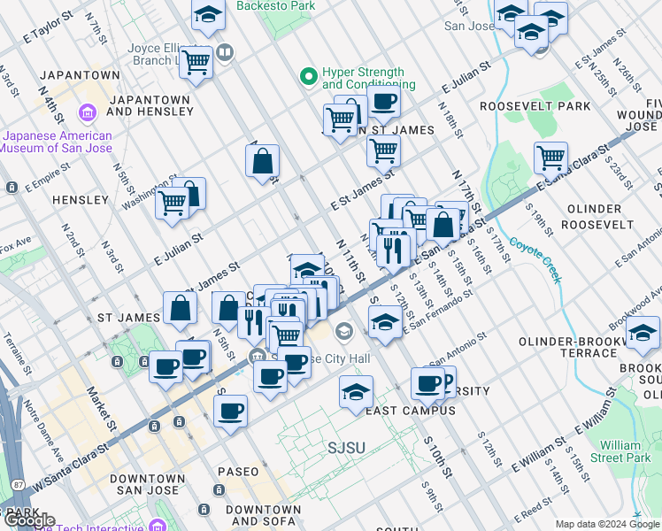 map of restaurants, bars, coffee shops, grocery stores, and more near 121 North 10th Street in San Jose