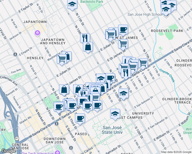 map of restaurants, bars, coffee shops, grocery stores, and more near 161 North 9th Street in San Jose