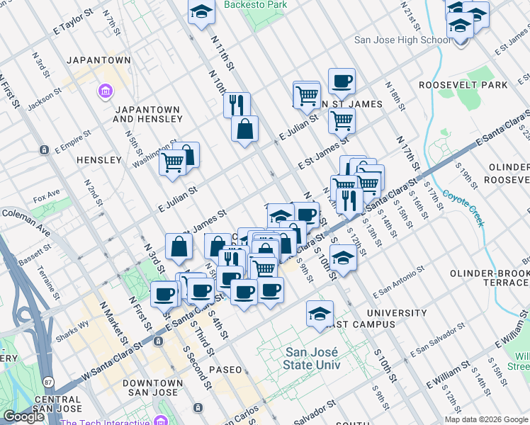 map of restaurants, bars, coffee shops, grocery stores, and more near 161 North 9th Street in San Jose