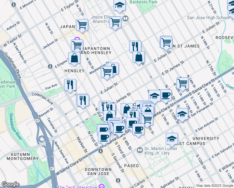 map of restaurants, bars, coffee shops, grocery stores, and more near 271 North 6th Street in San Jose