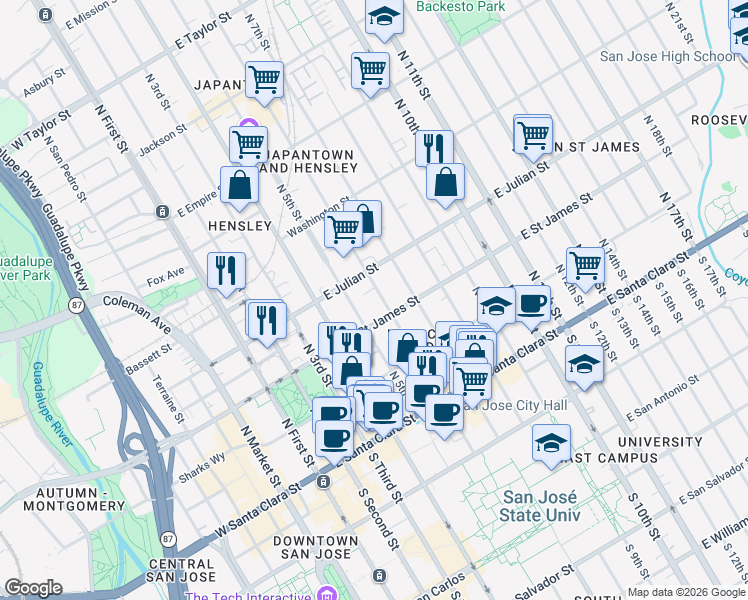map of restaurants, bars, coffee shops, grocery stores, and more near 271 North 6th Street in San Jose