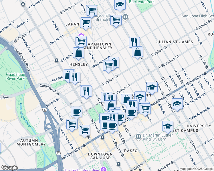 map of restaurants, bars, coffee shops, grocery stores, and more near 301 North 5th Street in San Jose