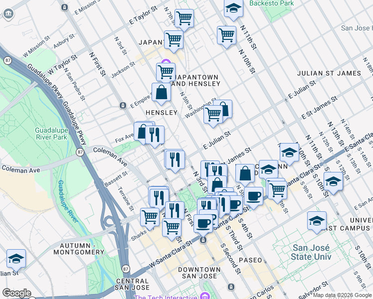 map of restaurants, bars, coffee shops, grocery stores, and more near 329 North 4th Street in San Jose