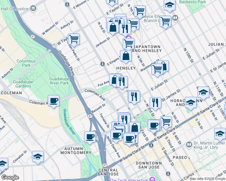 map of restaurants, bars, coffee shops, grocery stores, and more near 421 North 1st Street in San Jose