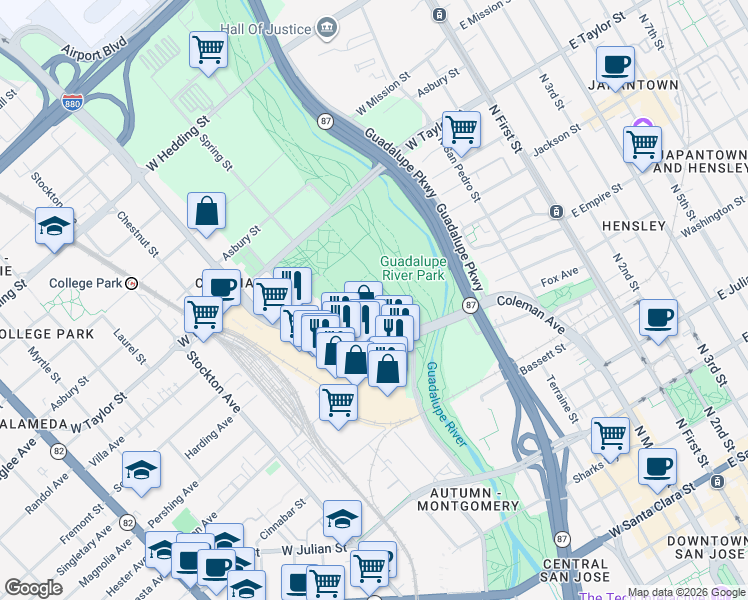 map of restaurants, bars, coffee shops, grocery stores, and more near 438 Coleman Avenue in San Jose
