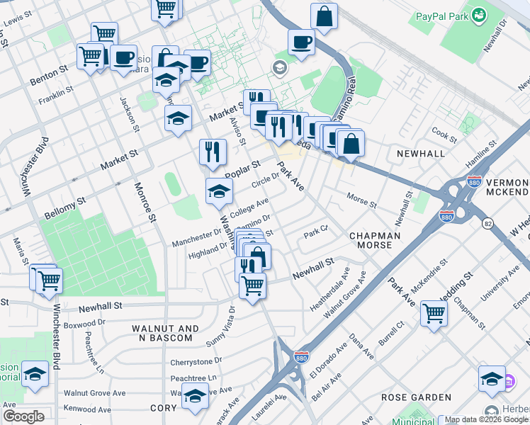map of restaurants, bars, coffee shops, grocery stores, and more near 838 College Avenue in Santa Clara