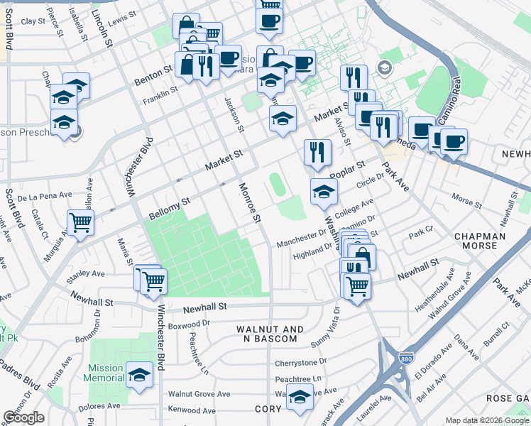 map of restaurants, bars, coffee shops, grocery stores, and more near 293 Monroe Street in Santa Clara