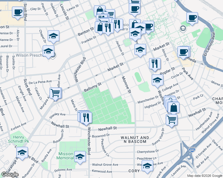 map of restaurants, bars, coffee shops, grocery stores, and more near 427 Jefferson Street in Santa Clara