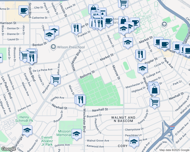map of restaurants, bars, coffee shops, grocery stores, and more near 1576 Bellomy Street in Santa Clara