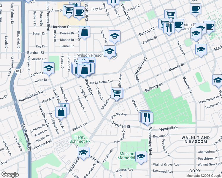 map of restaurants, bars, coffee shops, grocery stores, and more near 680 Moreno Lane in Santa Clara