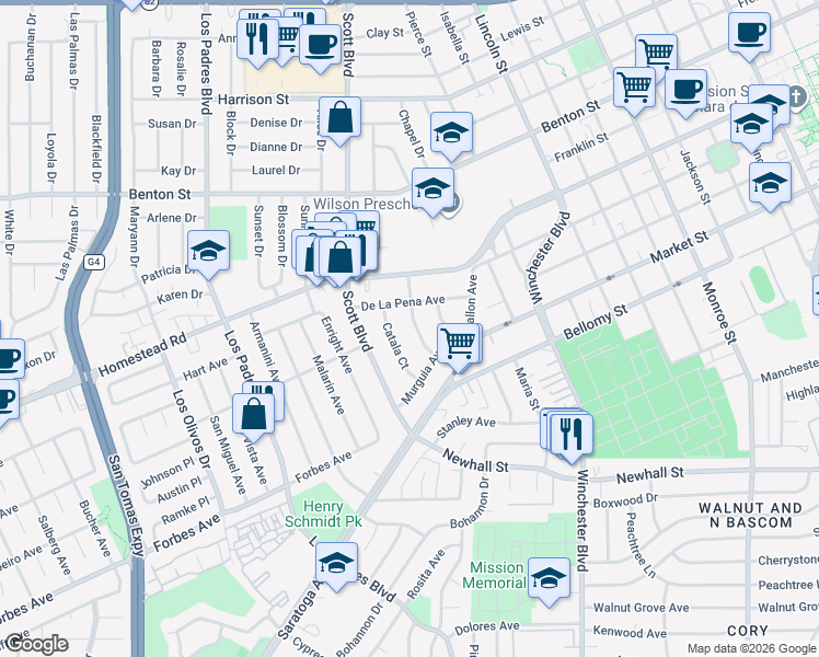 map of restaurants, bars, coffee shops, grocery stores, and more near 767 Catala Court in Santa Clara