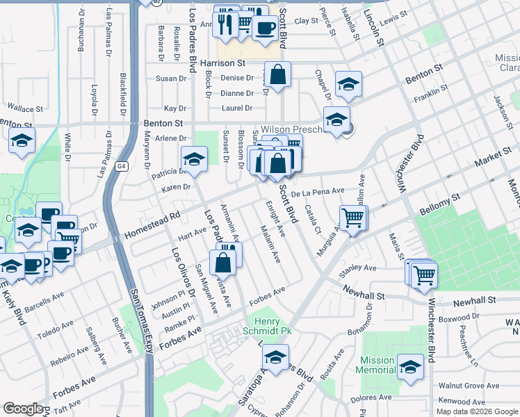 map of restaurants, bars, coffee shops, grocery stores, and more near 764 Enright Avenue in Santa Clara