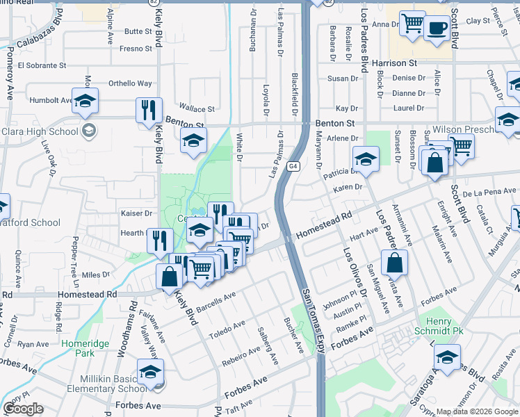 map of restaurants, bars, coffee shops, grocery stores, and more near 961 Las Palmas Drive in Santa Clara