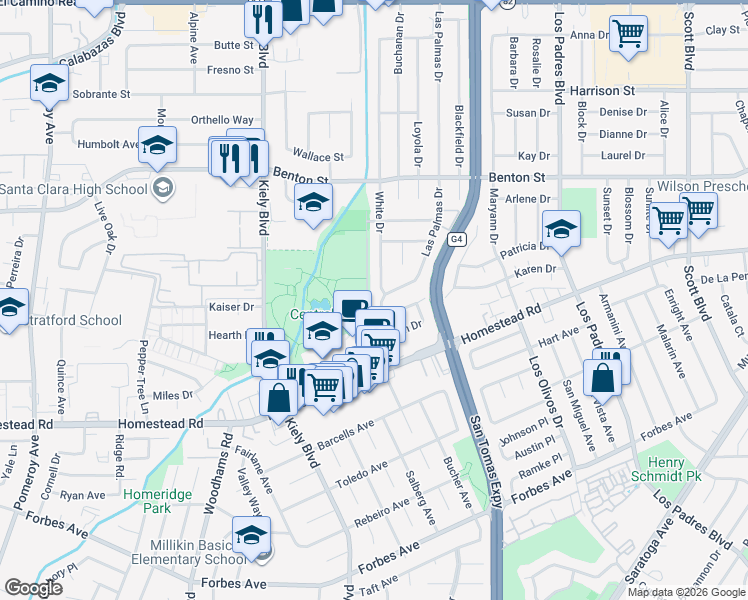 map of restaurants, bars, coffee shops, grocery stores, and more near 931 White Drive in Santa Clara