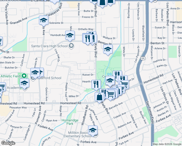 map of restaurants, bars, coffee shops, grocery stores, and more near 2945 Via Roma Place in Santa Clara