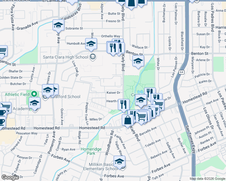 map of restaurants, bars, coffee shops, grocery stores, and more near 2945 Via Roma Place in Santa Clara