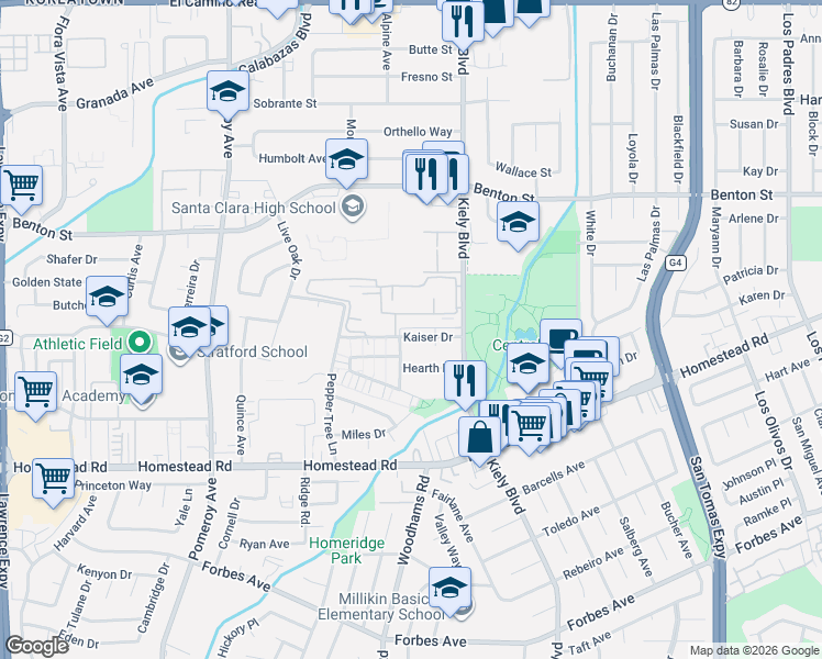 map of restaurants, bars, coffee shops, grocery stores, and more near 2901 Via Roma Place in Santa Clara
