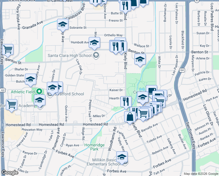 map of restaurants, bars, coffee shops, grocery stores, and more near 2901 Via Roma Place in Santa Clara