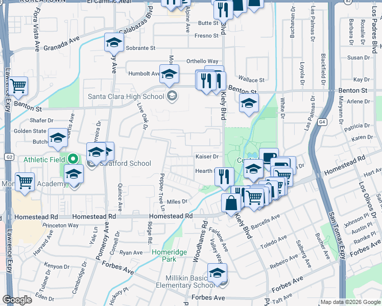 map of restaurants, bars, coffee shops, grocery stores, and more near 2901 Via Roma Place in Santa Clara