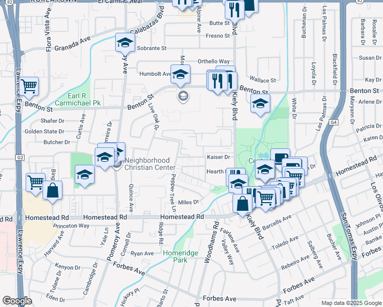 map of restaurants, bars, coffee shops, grocery stores, and more near 3011 Kaiser Drive in Santa Clara