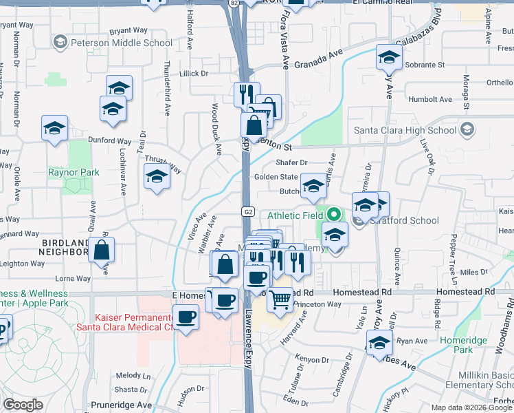 map of restaurants, bars, coffee shops, grocery stores, and more near 3580 Butcher Drive in Santa Clara