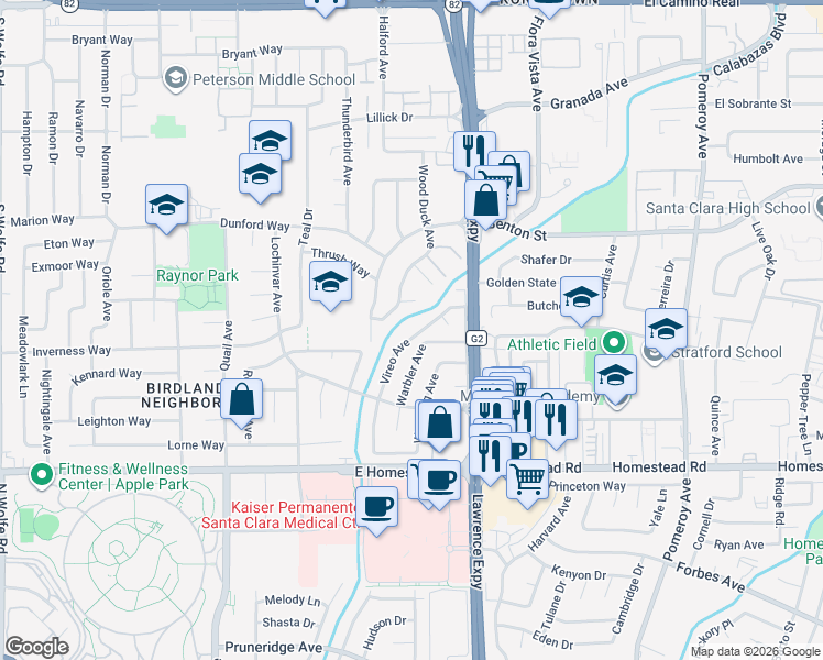 map of restaurants, bars, coffee shops, grocery stores, and more near 950 Lawrence Expressway in Santa Clara