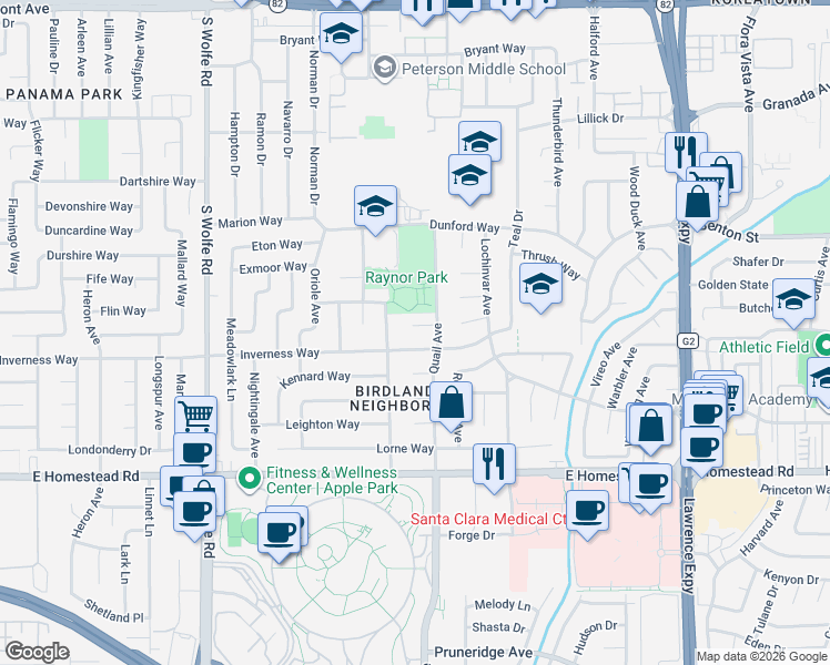 map of restaurants, bars, coffee shops, grocery stores, and more near 1045 Gloucester Court in Sunnyvale